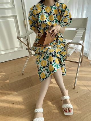 Đầm maxi Dài Dáng Rộng Tay Phồng Cổ Tròn In Họa Tiết Hoa Phong Cách Hàn Quốc Thời Trang Mùa Hè Cho Nữ Mới