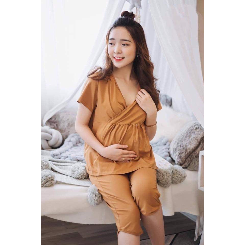 Bộ bầu sau sinh lửng thun cộc tay cotton hàng đẹp 2MAMA có vạt chéo cho bé ti