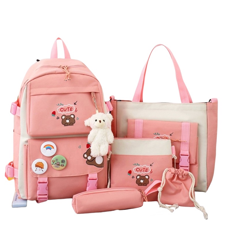 Set ba lô nữ 4 món cặp đi học du lịch phong cách ulzzang hình gấu