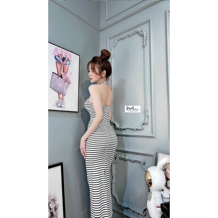 Đầm yếm maxi dài thun gân sọc xẻ tà 2 màu