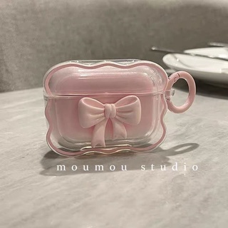 [Lilyrose Store] Miếng bảo vệ AirPods cho AirPods 4 2024 AirPods 1 2 3 Pro Pro Pro2 Nơ màu hồng trong suốt có móc hình tròn