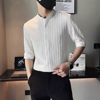 Hàn Quốc Chất Liệu Xếp Ly Hàn Quốc Ba Phần Tư Tay Đứng Cổ Áo Sơ Mi Mùa Hè Mỏng Ba Phần Tư Tay Áo Sơ Mi Giữa Tay Áo Sơ Mi Nam
