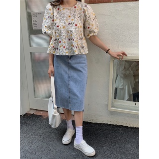 Phong Cách Hàn Quốc Nữ Nữ Thêu Rời Hoa Puff Áo Sơ Mi Tay Ngắn Áo Baju Baju Wanita Lengan Panjang Hàng Mới Sẵn Có