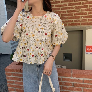 Phong Cách Hàn Quốc Nữ Nữ Thêu Rời Hoa Puff Áo Sơ Mi Tay Ngắn Áo Baju Baju Wanita Lengan Panjang Hàng Mới Sẵn Có
