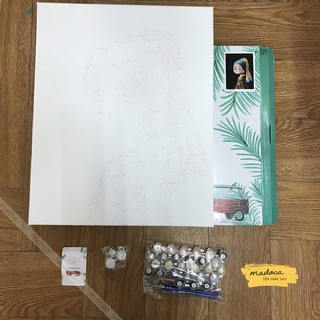 Tranh tô màu số hóa Madoca có khung 40x50cm thiếu nữ đeo ngọc trai T989