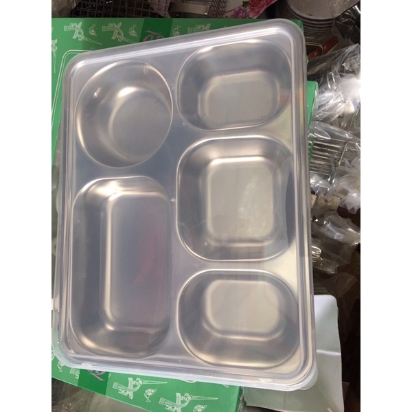 Khay cơm phần 5 ngăn inox sâu có nắp tiện lợi