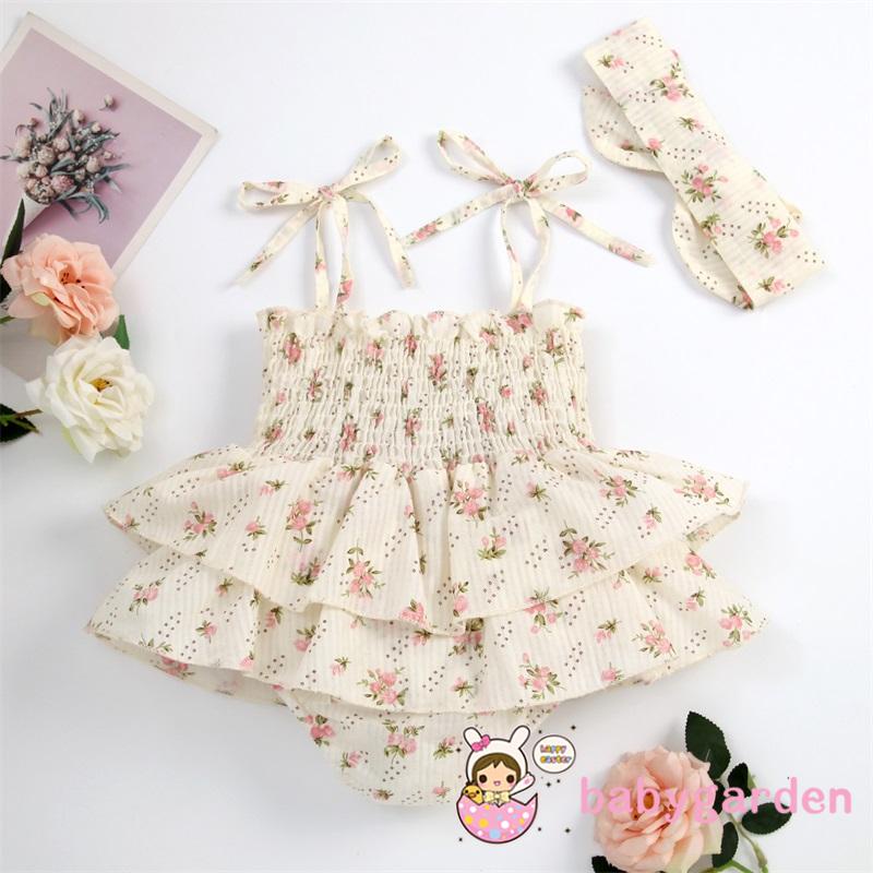 Bộ Áo Liền Quần Không Tay Co Giãn In Hoa Kèm Băng Đô Nơ Dành Cho Bé Gái 0-24 Tháng Tuổi