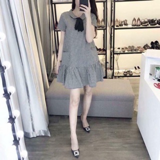 Đầm bầu đuôi cá ké caro Viba [VB11] thiết kế có túi dáng đuôi cá kèm nơ cổ sen trẻ trung