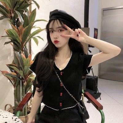 SUXI Áo Crop top thời trang cổ chữ V Áo sơ mi nữ dệt kim