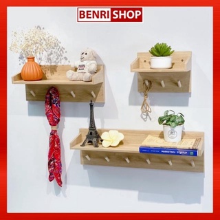 Kệ gỗ treo tường trang trí,để đồ,để sách có móc treo quần áo,treo phụ kiện decor