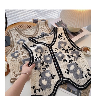 Áo Sweater Dệt Kim Sát Nách Dáng Rộng Cổ Chữ V Thêu Hoa Phong Cách Hàn Quốc Cho Nữ