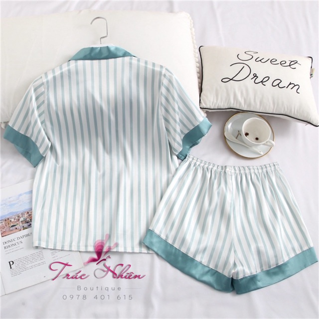 Bộ Đồ Ngủ Lụa Satin Mặc Nhà Pijama Cao Cấp Hoạ Tiết Kẻ Sọc H98 ( kèm video)