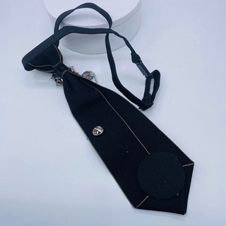 Gothic Black Necktie Rhinestones Pendant Metal Chain Evening Party Pre Tied Tie