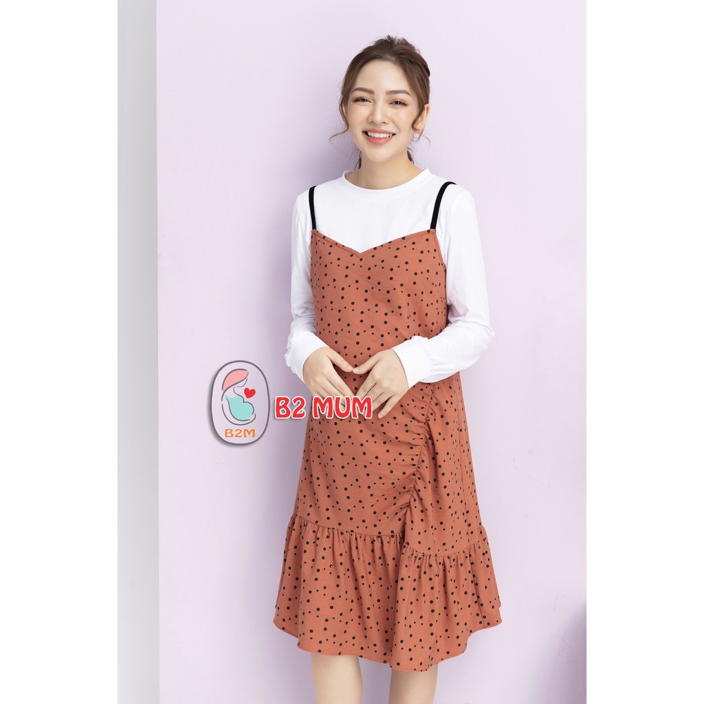 Yếm bầu dáng xuông họa tiết chấm bi chất nhung tăm B2 Mum V328