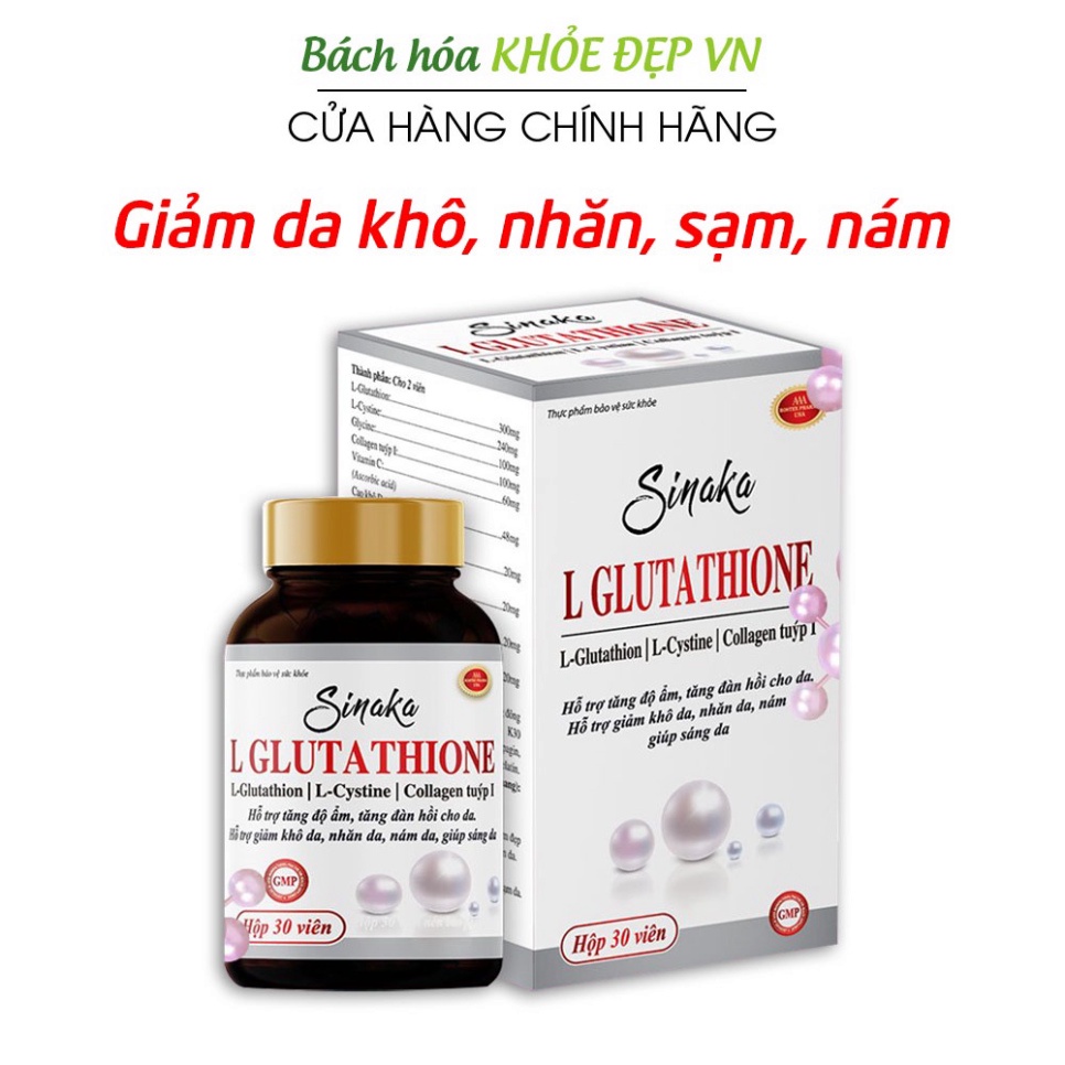L Glutathione, L Cystine, Collagen đẹp sáng da, giảm khô da, nám sạm da,  nhăn da - 30 viên [Sinaka L Glutathion]