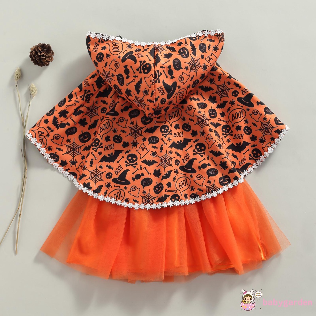 Bộ đầm cổ tròn không tay in chữ + áo choàng hóa trang halloween dành cho bé gái 18 tháng - 5 tuổi