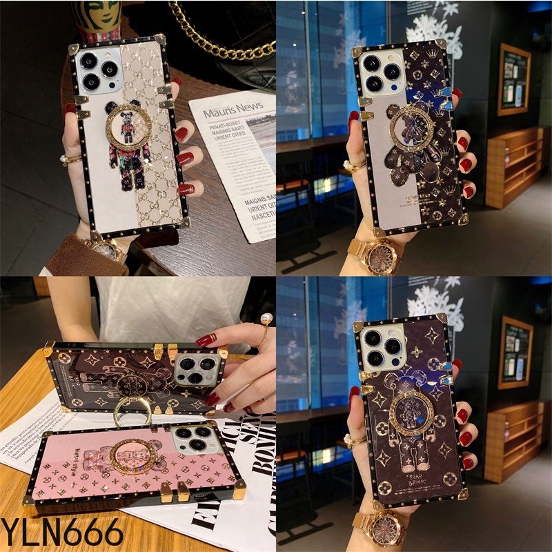 IPhone 16 PROMAX 15 14 PRO MAX 11 12 13 Pro Max X XR XS Max 14 15 16 PLUS Thời trang Bling Long lanh Phim hoạt hình gấu vuông Vỏ điện thoại có đế