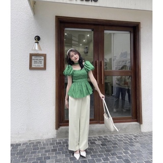 [3038] Set Áo Xanh Chun Ngực Mix Quần Suông Be Có Ảnh Thật Kèm Video