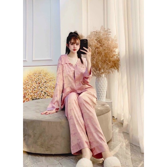 Bộ ngủ pyjama dài tay nữ xinh xắn chất lụa mềm mịn QCCC- Bộ mặc nhà sang chảnh thanh lịch