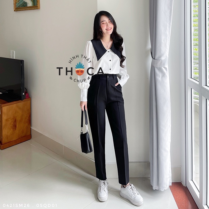 Ảnh Quần baggy nữ công sở kiểu lỡ nút trơn đen 186 THOCA HOUSE quần tây chuẩn form cao cấp tôn chân dài 4