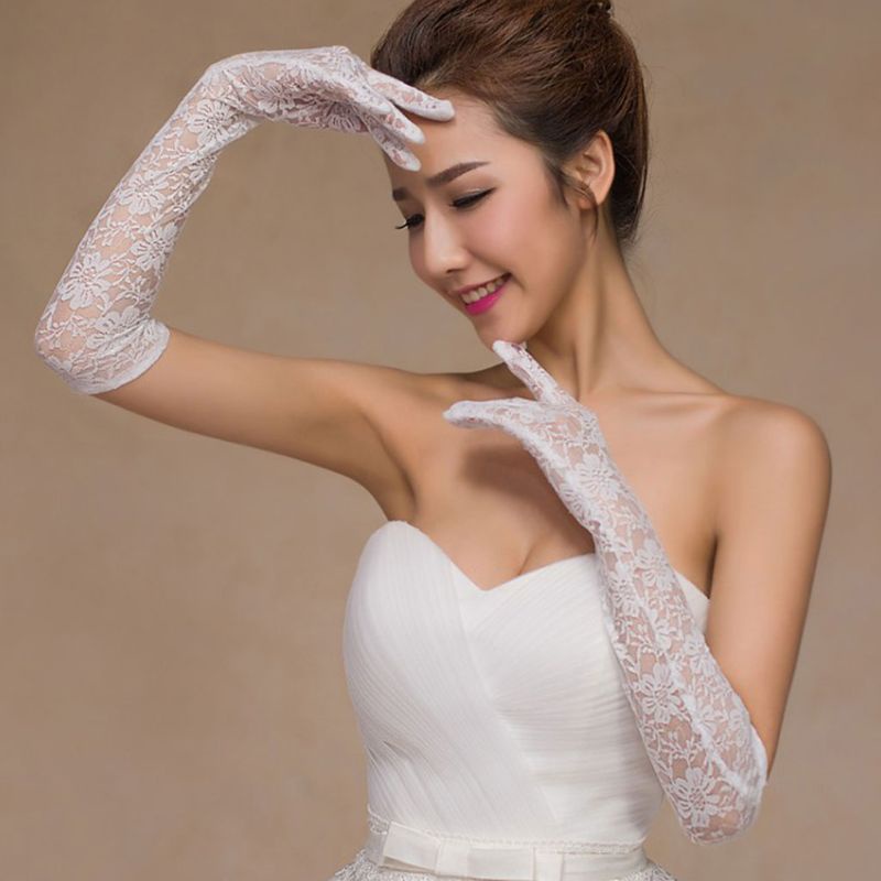 Đôi găng tay cưới ren khuỷu tay hoa trắng, phù hợp cho cô dâu thanh lịch dự tiệc