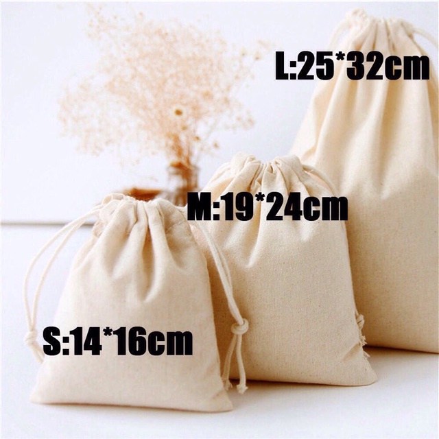 Túi vải canvas nhỏ mini có dây rút màu kem đậm đựng phụ kiện, cà phê ...