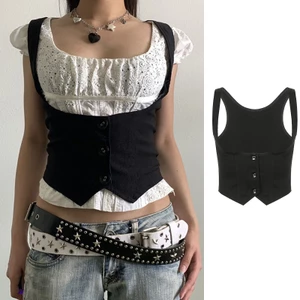 YOI Nữ Gothic Vintage Dressy Áo Vest Màu Đen Racerback Mini Vest Tuxedo Phù Hợp Với Steampunk Đầm 3 Nút Trượt Tuyết