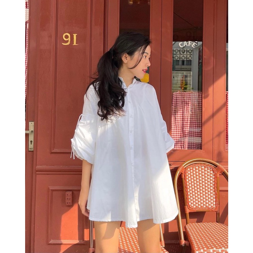 ÁO SƠMI KIỂU FORM SUÔNG CỘT NƠ TAY ÁO HAI MÀU TRẮNG ĐEN - BOW SHIRT