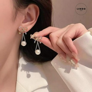 LD45 Bông Tai Nơ Dáng Dài Trân Châu LINDO, Bông Tai Thời Trang Phong Cách Hàn Quốc Thích Hợp Đi Chơi, Dự Tiệc