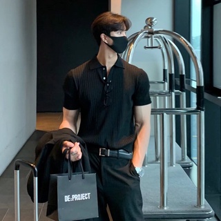 Hàn Quốc Hàn Quốc Ice Silk Chất Lượng Cao Áo Sơ Mi POLO Mùa Hè Phiên Bản Hàn Quốc Slim-fit Nam Ice Silk Tay Ngắn Áo Sơ Mi Polo Ánh Sáng Anh Sang Trọng Nam Sọc Dệt Kim Ve Áo Thun