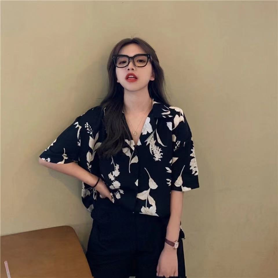 SUXI Áo sơ mi nữ tay ngắn dáng rộng in họa tiết thời trang cá tính trẻ trung kiểu Hàn Quốc