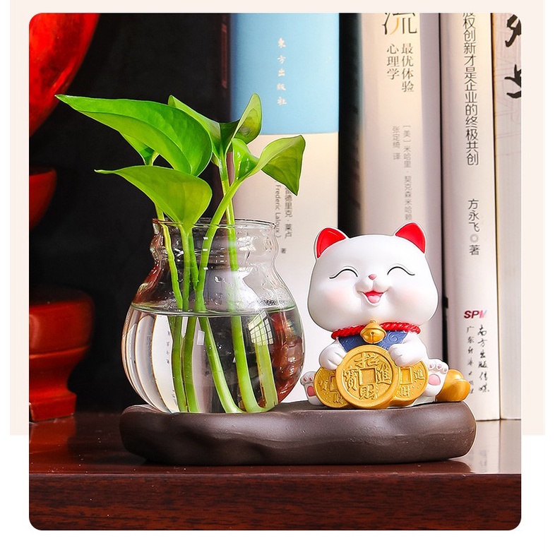 Bộ decor Mèo thần tài may mắn kết hợp cùng bình thủy sinh trang trí nhà, bàn làm việc góc học tập giúp mang lại may mắn