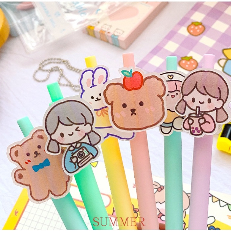 Bút bi cute nước xanh đen tùy đợt hàng bấm màu gel gắn kèm sticker cứng cưng sỉu