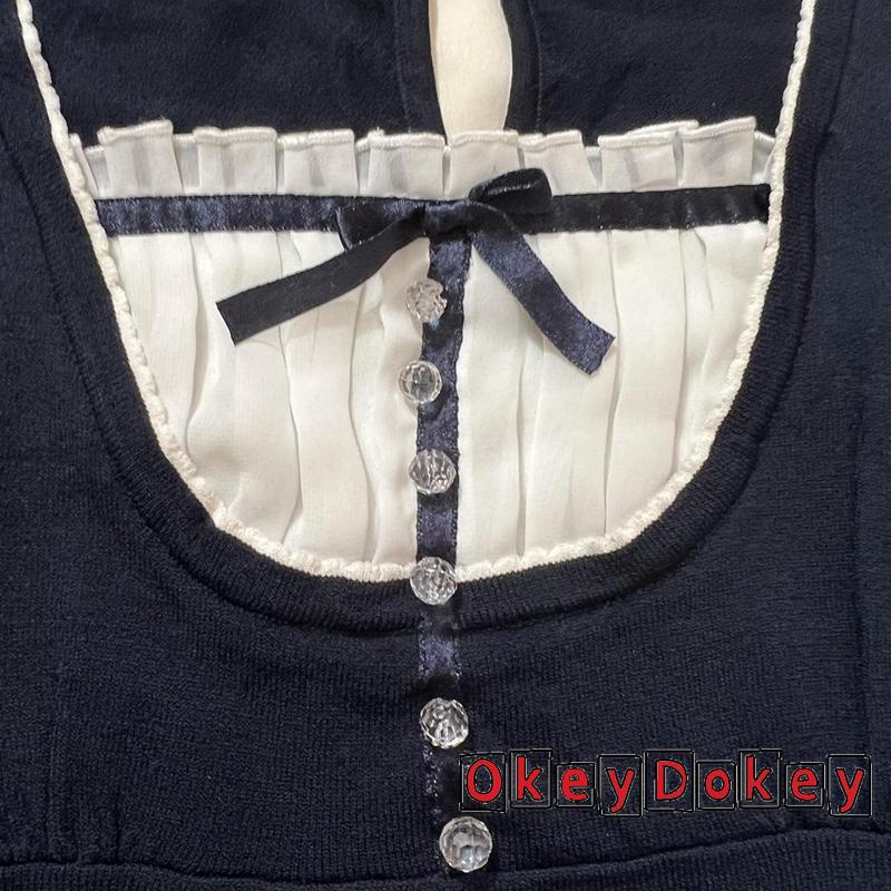 Áo croptop cổ vuông tay phồng đính nơ phong cách Hàn Quốc cổ điển cho nữ Y2K