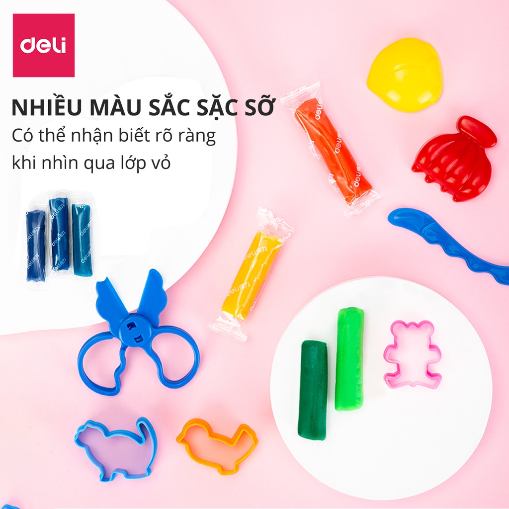 Bộ Đất Nặn Kháng Khuẩn 3D Deli Đất Sét Nặn 24 Màu Chất liệu an toàn cho trẻ nhỏ, màu sắc tươi sáng đa dạng, kèm khuôn