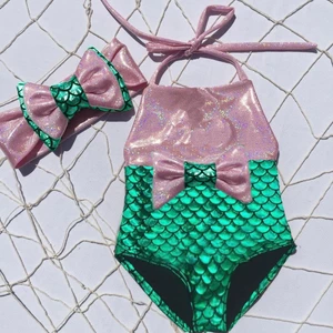 Set 2 món đồ bơi bikini phong cách nàng tiên cá phối nơ kim tuyến long lanh thời trang dành cho bé gái
