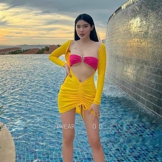 BIKINI SÉT 3 MÓN QUẦN VÀNG KÈM ÁO HỒNG BIKINISTORE