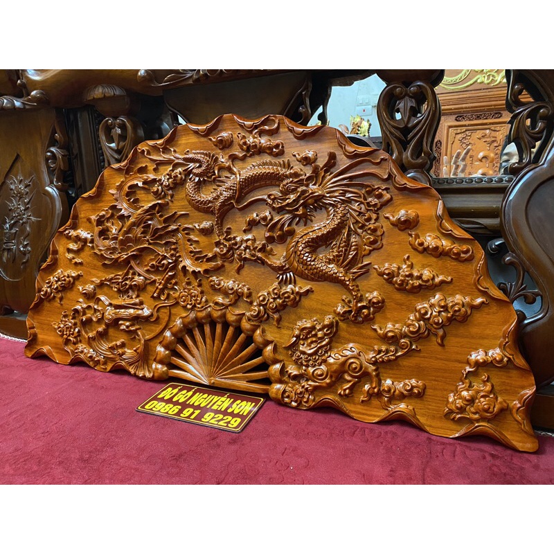 Tranh Quạt tứ linh gỗ hương sơn pu cao cấp kích thước 60*120,dày 4cm