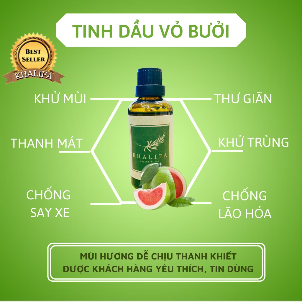 Tinh Dầu Vỏ Bưởi Nguyên Chất  Khalifa 50ml Tốt Cho Da Giảm Stress Khử Mùi Chống Say Xe Hàng Chính Hãng