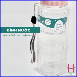 Bình nước học sinh kẻ caro 750ml Việt Nhật 0098, Bình đựng nước thể thao có quai dù treo