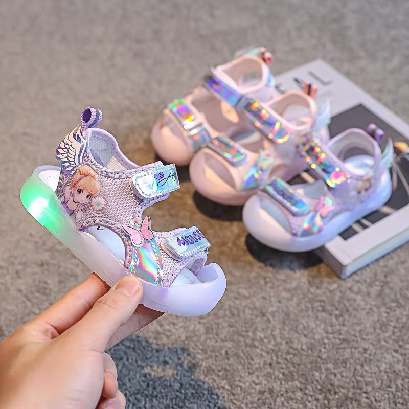 Sandal tập đi cho bé - dép quai hậu cho bé không đèn led quai vải thấm mồ hôi có hình cô gái cánh thiên thần sandal918