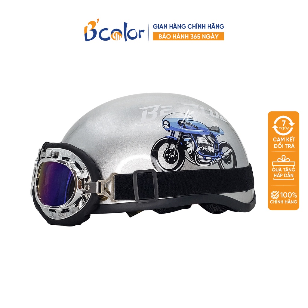[Mã BMLTB200 giảm đến 100K đơn 499K] Mũ Bảo Hiểm Bcolor Loại Nửa Đầu Màu Bạc hình xe máy Kèm Kính Thời Trang