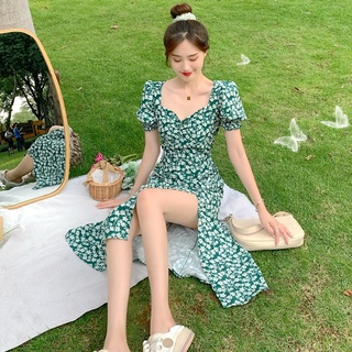 Đầm Voan Dài Xẻ Tà In Họa Tiết Hoa Màu Xanh Lá Phong Cách Pháp Thời Trang Mùa Hè Hàng Mới Dành Cho Bạn Nữ