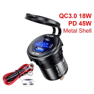 Cục Sạc Nhanh 45W PD Type-C QC3.0 USB 12 / 24V Có Công Tắc Vôn Kế Bằng Kim Loại Cho Xe Hơi / Xe Tải / Xe