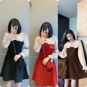 Váy Nhung Cổ Bèo Mix túi