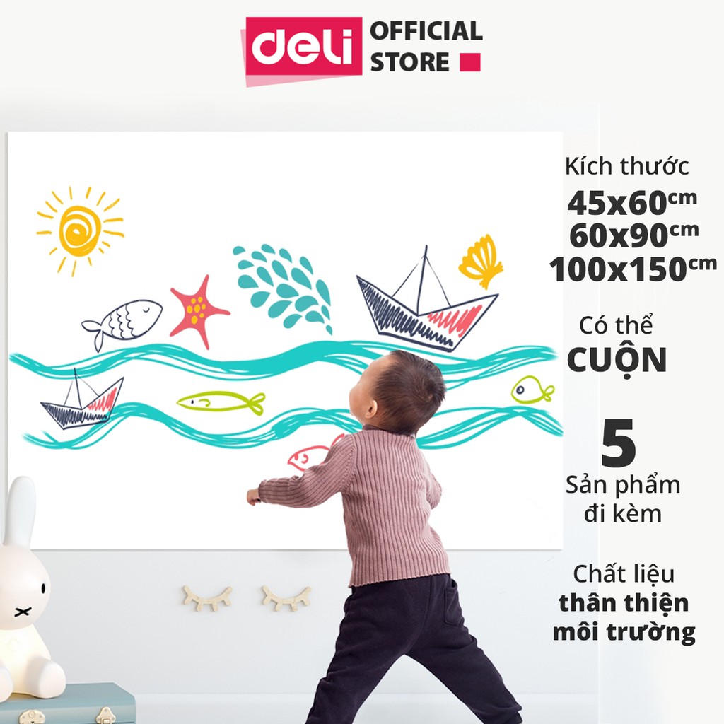 Bảng vẽ, decal dán tường Deli - Không bong tróc tróc sơn - Màu trắng, có từ tính kèm 5 phụ kiện - 50007/50008/8716