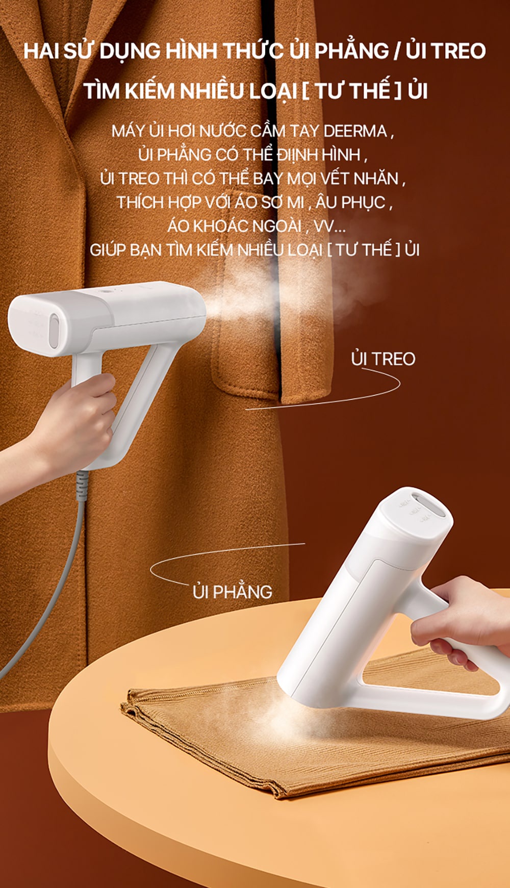 Mô tả Bàn ủi hơi nước Deerma HS100 nhỏ gọn công suất 1000W là phẳng các loại vải - Bảo hành 12 tháng - 3