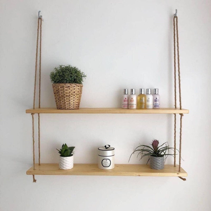 Kệ Gỗ Treo Tường Trang Trí Decor Phòng Khách Phòng Ngủ Quán cafe Thanh Ngang Treo Dây - Tặng Kèm Phụ Kiện
