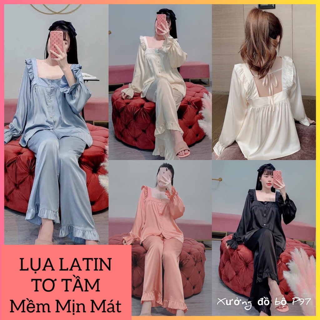 Đồ bộ pijama nữ tay dài cổ vuông siêu hot, chất liệu lụa cao cấp mềm mướt mịn chuẩn hàng shop, giá rẻ tận xưởng p97