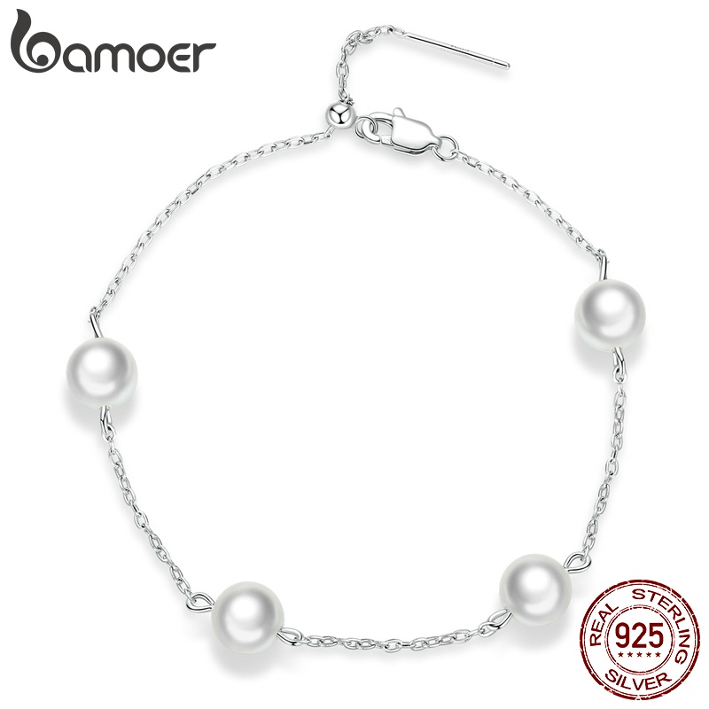Vòng tay bạc 925 BAMOER 22cm đính ngọc trai nhân tạo thời trang cho nữ